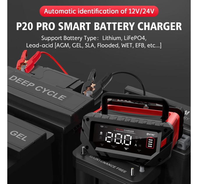 Автоматическое автомобильное зарядное устройство HTRC P20 pro Импульсное, функция ремонта Repair, десульфатор 12V 20A-24V 10A  LiFePO4, AGM, GEL, EFB, WET (19527)