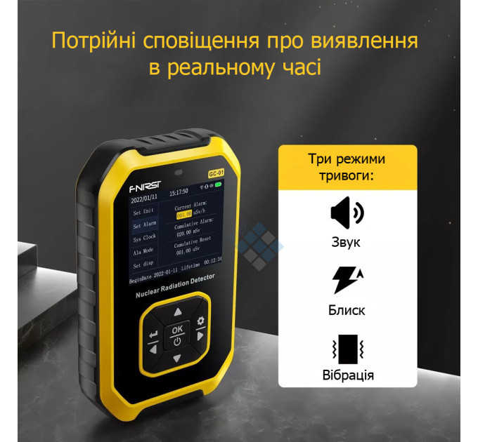 Дозиметр радиации профессиональный Fnirsi GC-01 счетчик Гейгера детектор излучения (Yellow) (19173)