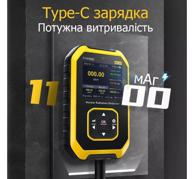 Дозиметр радиации профессиональный Fnirsi GC-01 счетчик Гейгера детектор излучения (Yellow) (19173)