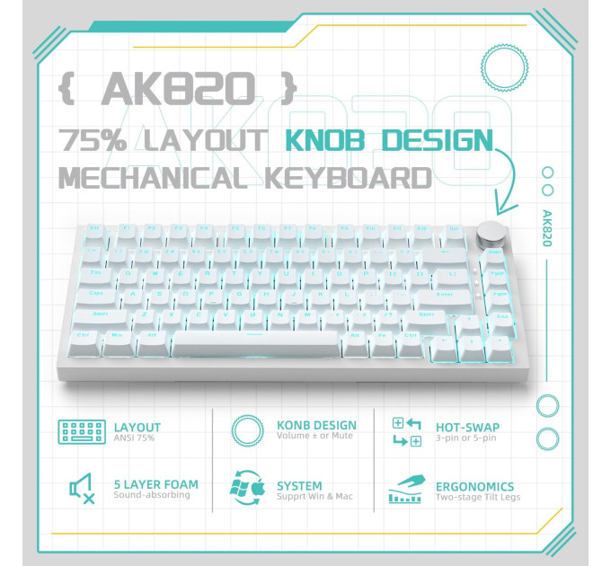 Клавиатура механическая AJAZZ AK820 Blue Switch / Голубая LED-подсветка / Раскладка 75% (White) (19573)