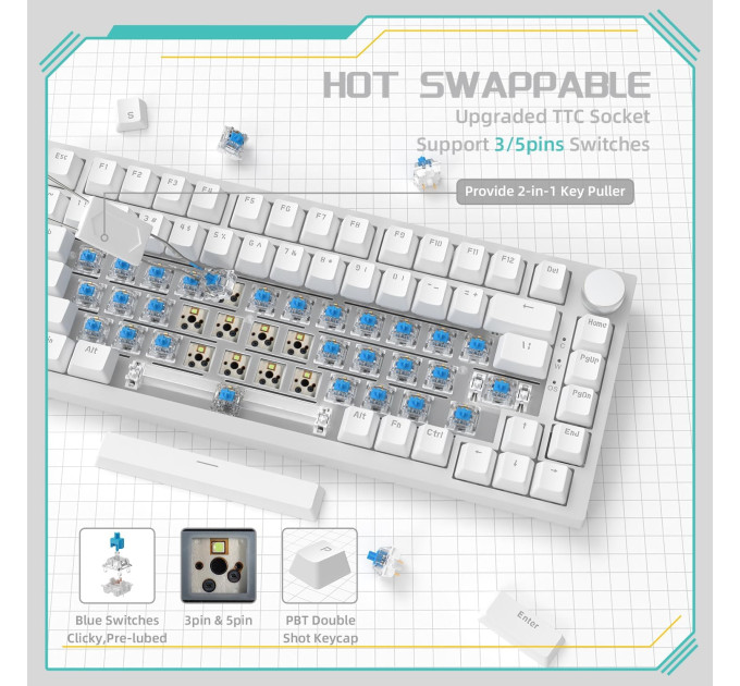 Клавиатура механическая AJAZZ AK820 Blue Switch / Голубая LED-подсветка / Раскладка 75% (White) (19573)