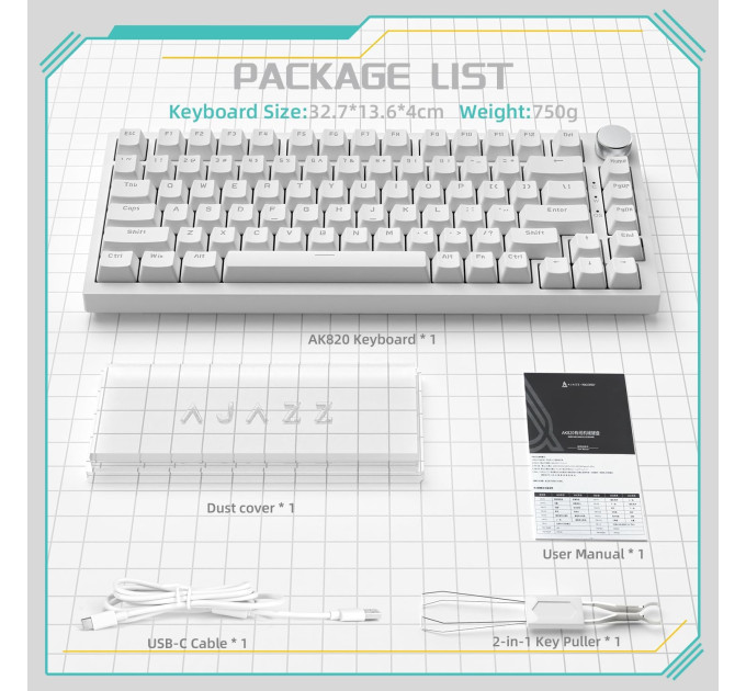 Клавиатура механическая AJAZZ AK820 Blue Switch / Голубая LED-подсветка / Раскладка 75% (White) (19573)