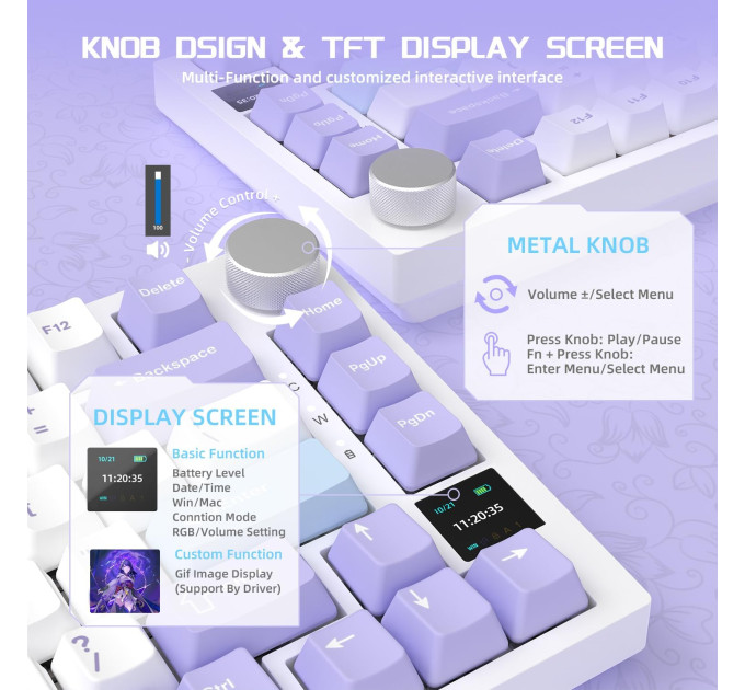Клавиатура механическая  беспроводная Bluetooth / 2,4 AJAZZ AK820 Pro Flying Fish Switch / с подсветкой RGB / 4000 мА·ч / Раскладка 75% (Purple White Blue) (19569)