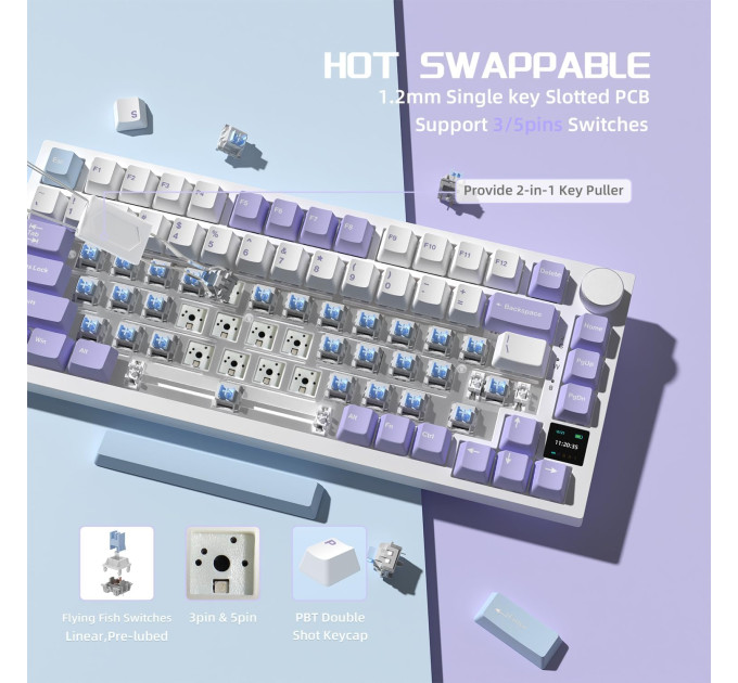 Клавиатура механическая  беспроводная Bluetooth / 2,4 AJAZZ AK820 Pro Flying Fish Switch / с подсветкой RGB / 4000 мА·ч / Раскладка 75% (Purple White Blue) (19569)