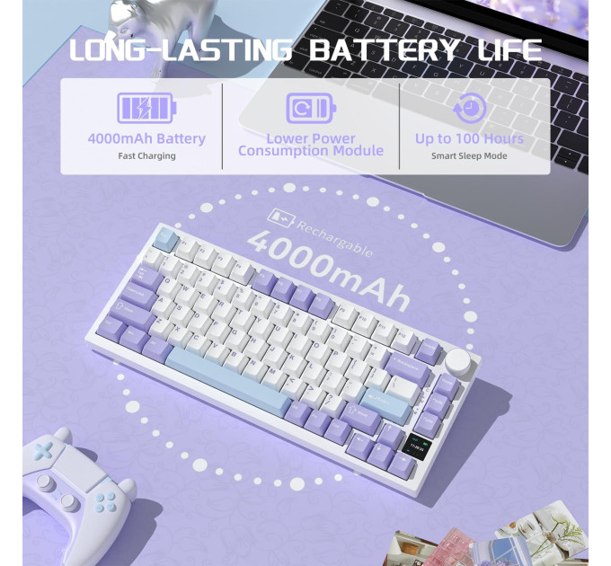 Клавиатура механическая  беспроводная Bluetooth / 2,4 AJAZZ AK820 Pro Flying Fish Switch / с подсветкой RGB / 4000 мА·ч / Раскладка 75% (Purple White Blue) (19569)