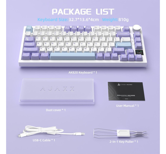 Клавиатура механическая  беспроводная Bluetooth / 2,4 AJAZZ AK820 Pro Flying Fish Switch / с подсветкой RGB / 4000 мА·ч / Раскладка 75% (Purple White Blue) (19569)