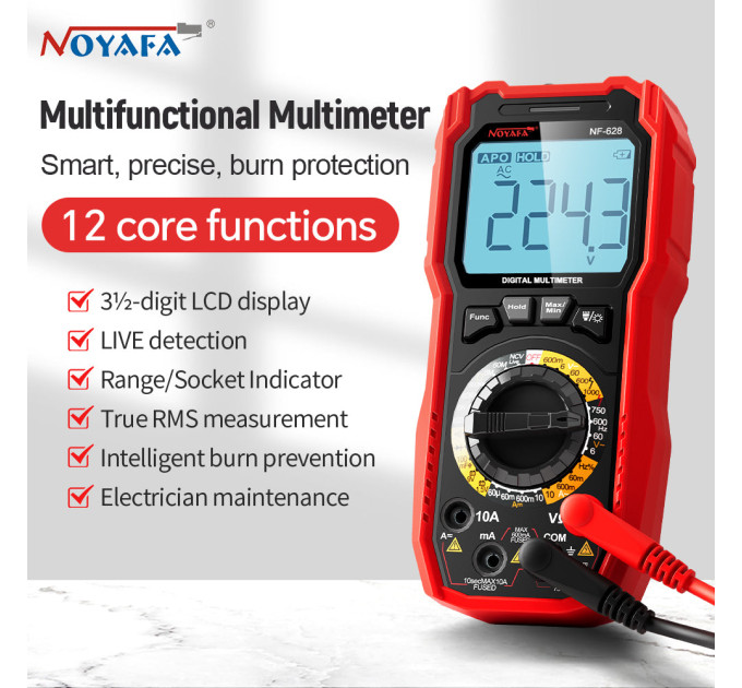 Мультиметр Noyafa NF-628 Автоматический тестер напряжения, тока, сопротивления, емкости NCV, Live (19999)