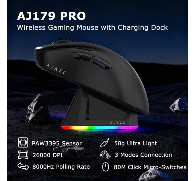 Мышка беспроводная AJAZZ AJ179 Pro Мышь компьютерная с Зарядной док-станцией / 2.4G / Bluetooth / USB (Black) (19576)