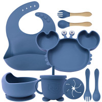 Набор детской силиконовой посуды для первого прикорма на присосках 9 предметов Краб (Blue)