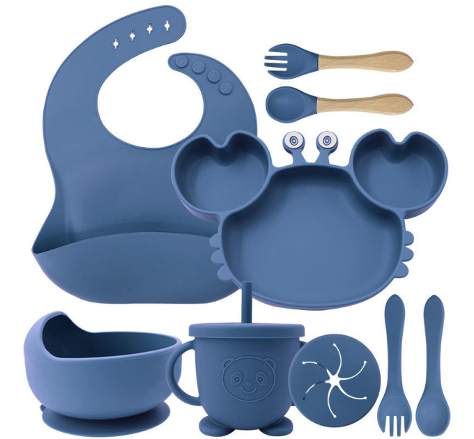 Набор детской силиконовой посуды для первого прикорма на присосках 9 предметов Краб (Blue) (18977)