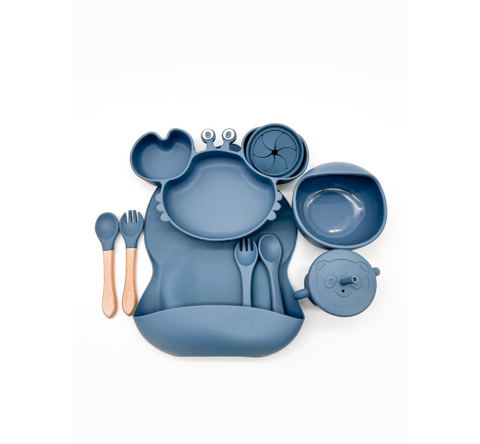 Набор детской силиконовой посуды для первого прикорма на присосках 9 предметов Краб (Blue) (18977)