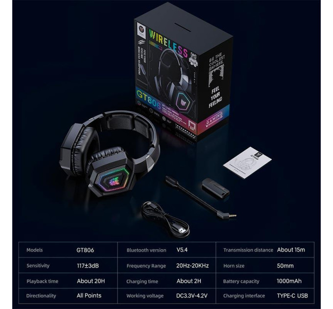 Наушники беспроводные Onikuma GT806 RGB (Black) (19660)