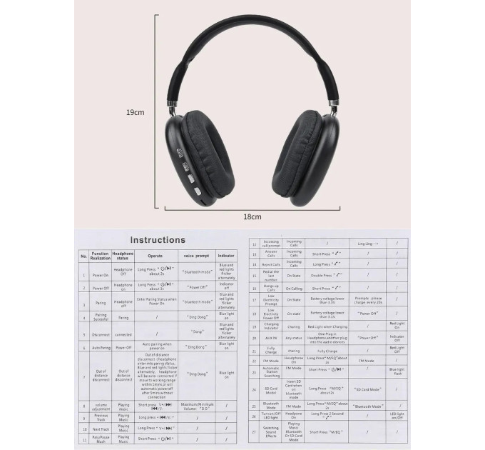 Наушники беспроводные P9 5.0 AUX MP3 с поддержкой карты памяти (Black) (18574)