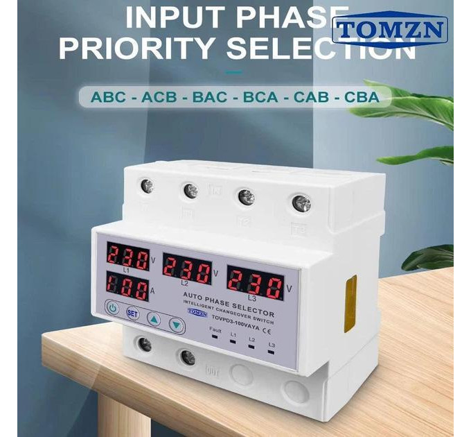 Переключатель фаз трехфазный TOMZN TOVPD3-100VAYA 100A Цифровое реле автоматического выбора фазы (19603)