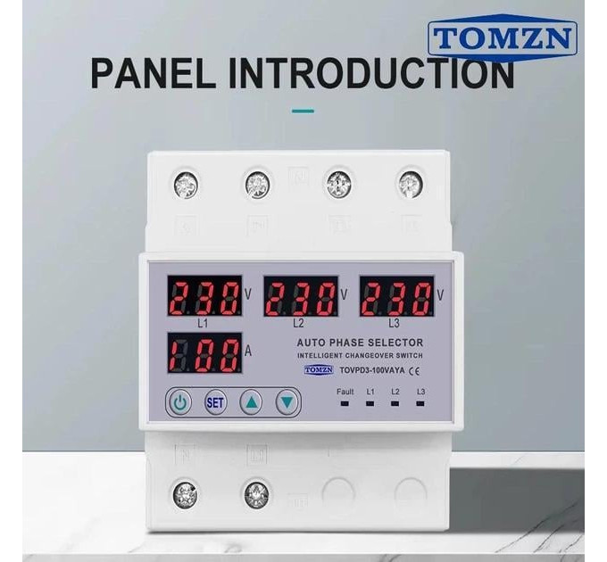 Переключатель фаз трехфазный TOMZN TOVPD3-100VAYA 100A Цифровое реле автоматического выбора фазы (19603)