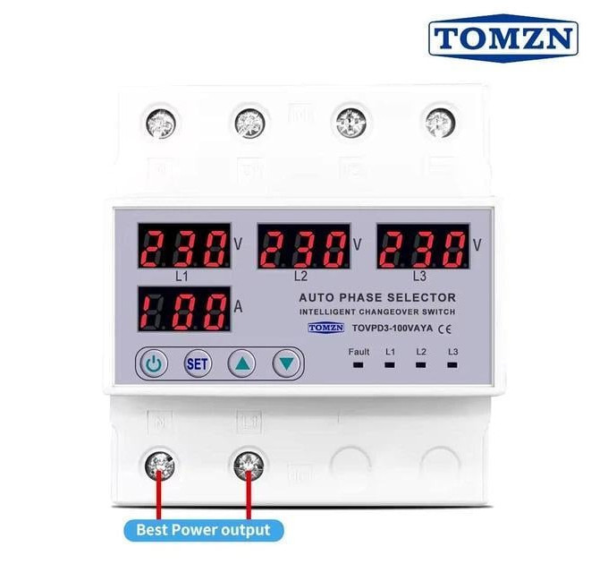 Переключатель фаз трехфазный TOMZN TOVPD3-100VAYA 100A Цифровое реле автоматического выбора фазы (19603)