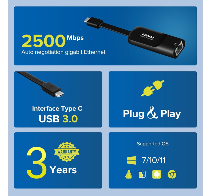 Сетевой адаптер Type-C на RJ45 Fenvi FR-G2500C 2500Mbps 2.5G Ethernet переходник сетевая карта (Black) (19129)