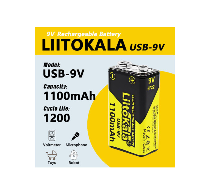 Аккумулятор Крона / 6LR61 LiitoKala USB-9V 1100 mAh литий-ионный со встроенной зарядкой Type-C (19321)