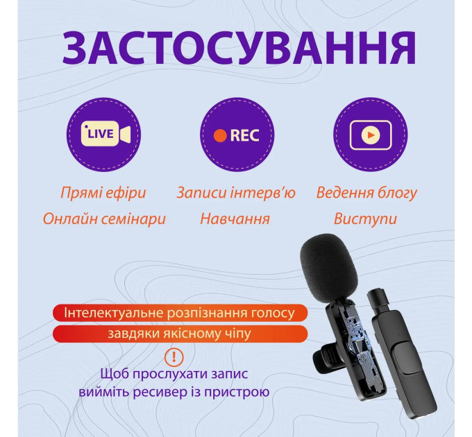 Беспроводной петличный микрофон K9 Lightning приемник + микрофон 2шт (Black) (17613)
