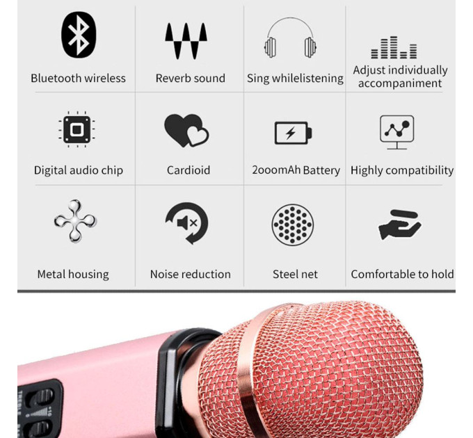 Караоке-микрофон беспроводной Losso K6 Premium со встроенным динамиком и Bluetooth (Rose) (18961)