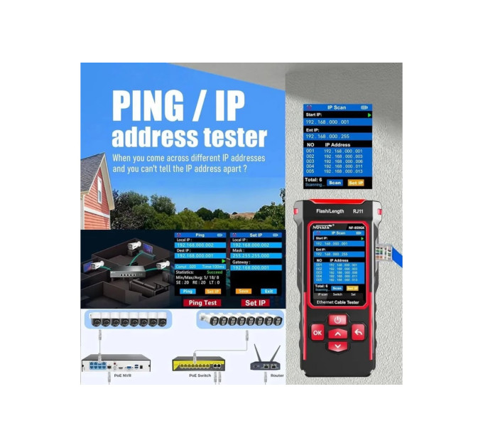 Многофункциональный кабельный тестер Noyafa NF-859GK  PoE тестер витой пар, Wiremap, SCAN, NCV, QC, VFL, PING, IP-scan, RJ45 (19805)