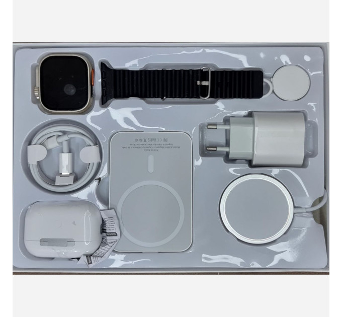 Подарочный набор гаджетов DT1000 6 в 1 Смарт-часы SmartWatch Ultra, наушники, павербанк (Вcе White, часы Silver Black) (18573)