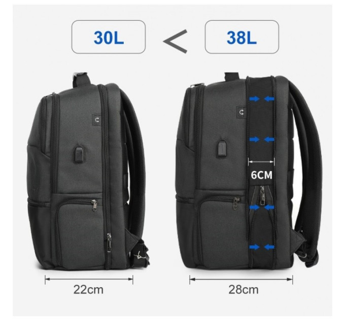 Рюкзак городской расширяемый Tigernu T-B3905 38л с USB для ноутбука 19'' (Black) (17055)