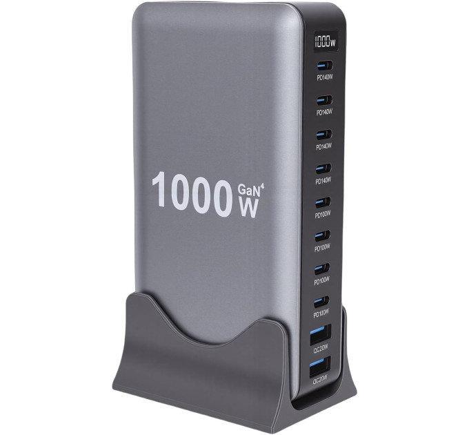 Сетевая зарядная станция ILEPO 1000W на 2 USB+8 Type-C мультизарядное устройство мощный блок питания (Black) (19340)