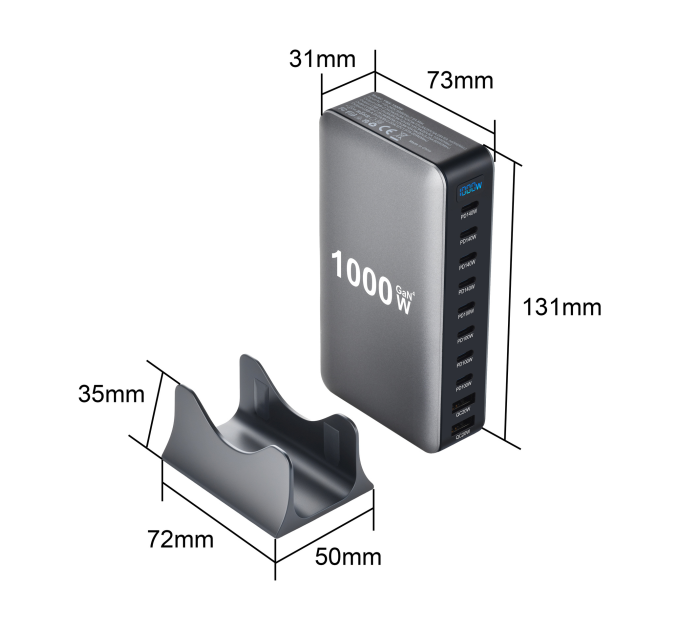 Сетевая зарядная станция ILEPO 1000W на 2 USB+8 Type-C мультизарядное устройство мощный блок питания (Black) (19340)