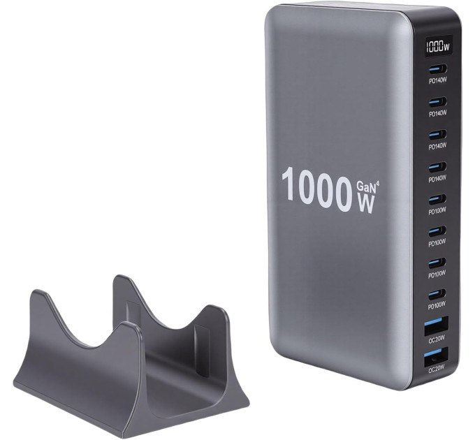 Сетевая зарядная станция ILEPO 1000W на 2 USB+8 Type-C мультизарядное устройство мощный блок питания (Black) (19340)