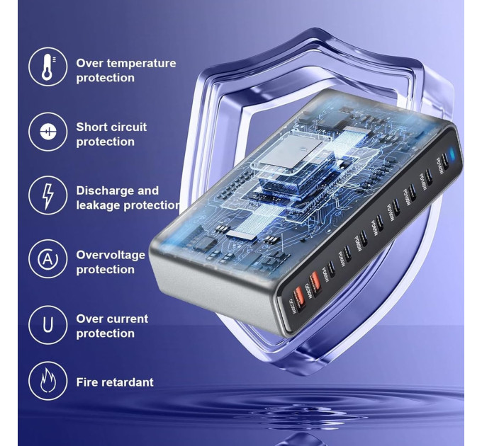 Сетевая зарядная станция ILEPO 1000W на 2 USB+8 Type-C мультизарядное устройство мощный блок питания (Black) (19340)