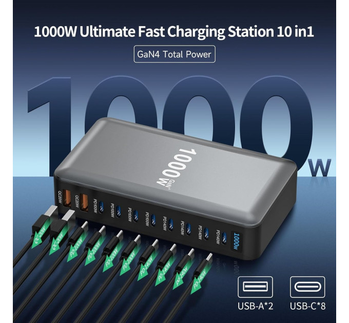 Сетевая зарядная станция ILEPO 1000W на 2 USB+8 Type-C мультизарядное устройство мощный блок питания (Black) (19340)