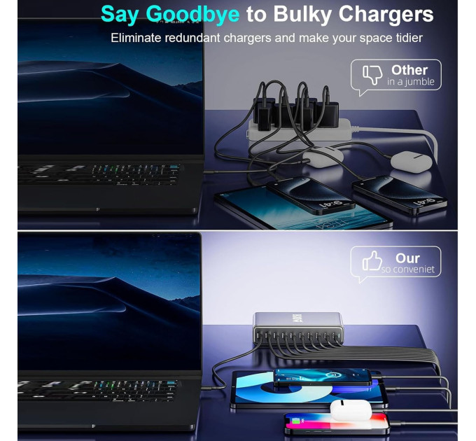 Сетевая зарядная станция ILEPO 1000W на 2 USB+8 Type-C мультизарядное устройство мощный блок питания (Black) (19340)