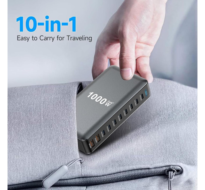 Сетевая зарядная станция ILEPO 1000W на 2 USB+8 Type-C мультизарядное устройство мощный блок питания (Black) (19340)