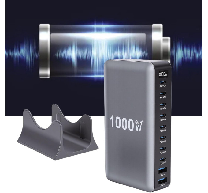 Сетевая зарядная станция ILEPO 1000W на 2 USB+8 Type-C мультизарядное устройство мощный блок питания (Black) (19340)