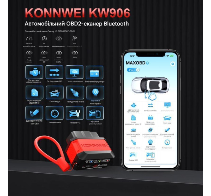 Универсальный автосканер Konnwei KW906 Профессиональный диагностический сканер автомобильный ОБД2, EOBD, OBD2, ELM327 (Red) (19513)