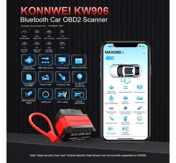 Универсальный автосканер Konnwei KW906 Профессиональный диагностический сканер автомобильный ОБД2, EOBD, OBD2, ELM327 (Red) (19513)