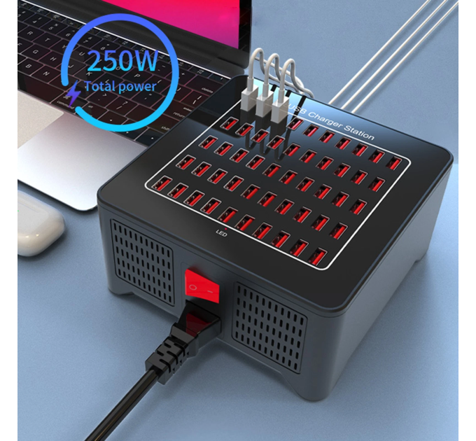 Зарядная станция многопортовая ILEPO на 50 USB портов 250 Вт / сетевое мультизарядное устройство (19015)