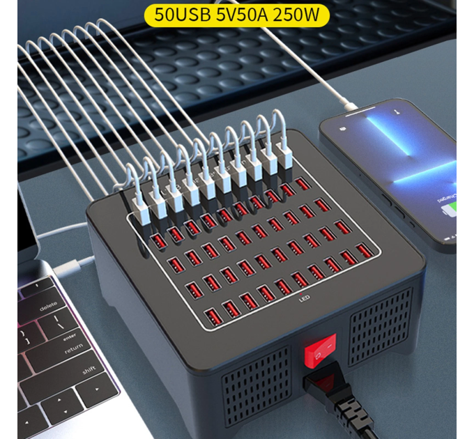 Зарядная станция многопортовая ILEPO на 50 USB портов 250 Вт / сетевое мультизарядное устройство (19015)