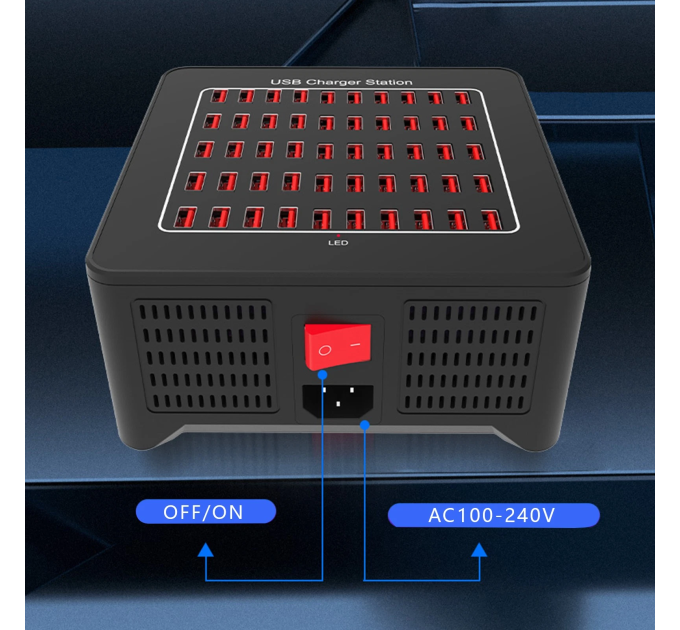 Зарядная станция многопортовая ILEPO на 50 USB портов 250 Вт / сетевое мультизарядное устройство (19015)