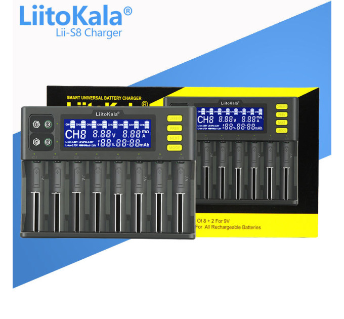 Зарядное устройство LiitoKala Lii-S8 для аккумуляторов АА, ААА, 18650, 21700, 26650 Li-ion, Ni-MH, Ni-Cd, LiFePO4, Крона 9В (19418)