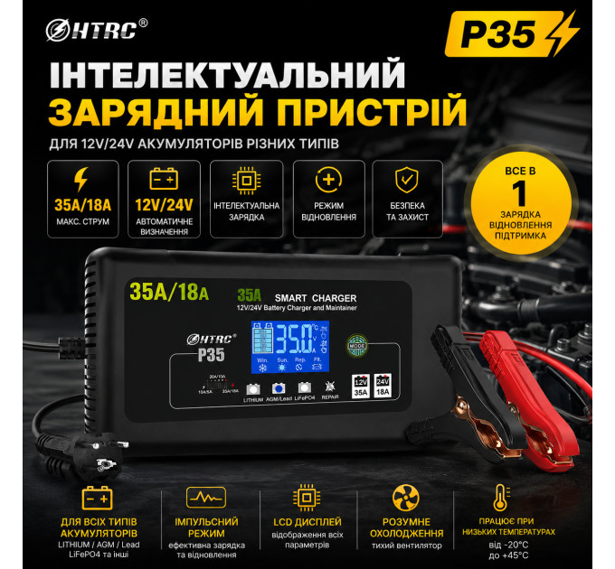 Автоматическое автомобильное зарядное устройство HTRC P35 Импульсное, функция ремонта Repair, десульфатор 12V 35A-24V 18A  LiFePO4, AGM, GEL, EFB, WET (19526)