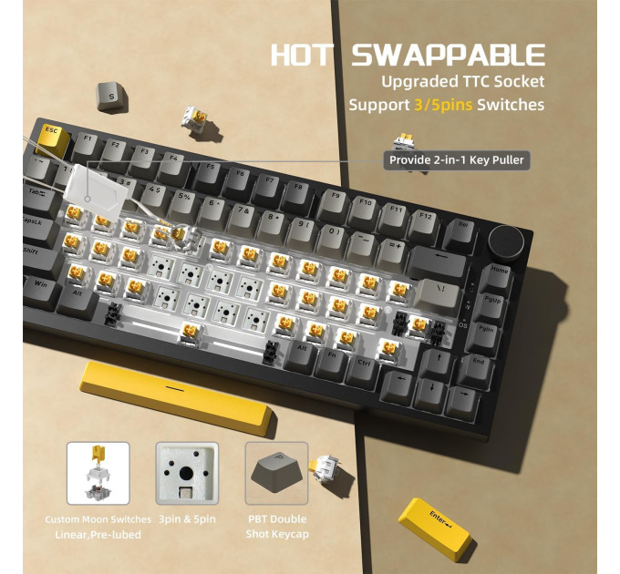 Клавиатура механическая AJAZZ AK820 Moon Switch / с подсветкой RGB / Раскладка 75% (Gray White Yellow) (19570)