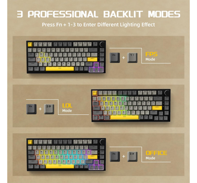 Клавиатура механическая AJAZZ AK820 Moon Switch / с подсветкой RGB / Раскладка 75% (Gray White Yellow) (19570)