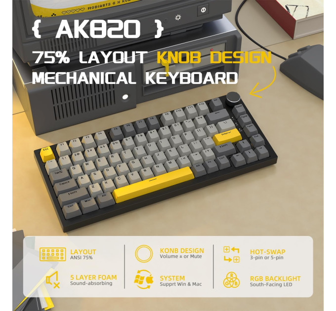 Клавиатура механическая AJAZZ AK820 Moon Switch / с подсветкой RGB / Раскладка 75% (Gray White Yellow) (19570)
