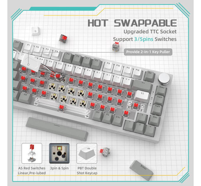 Клавиатура механическая AJAZZ AK820 Red Switch / Белая LED-подсветка / Раскладка 75% (Gray White) (19574)