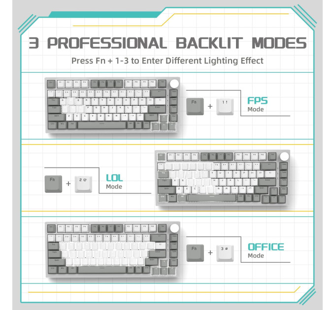 Клавиатура механическая AJAZZ AK820 Red Switch / Белая LED-подсветка / Раскладка 75% (Gray White) (19574)