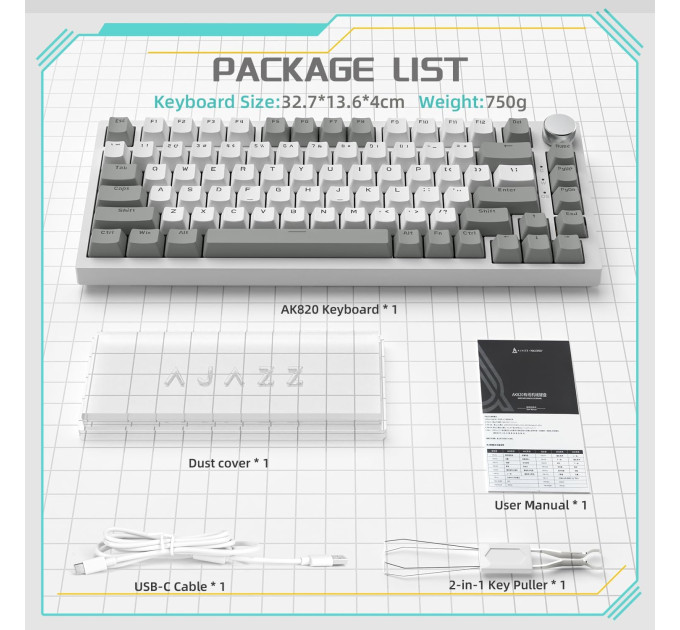 Клавиатура механическая AJAZZ AK820 Red Switch / Белая LED-подсветка / Раскладка 75% (Gray White) (19574)