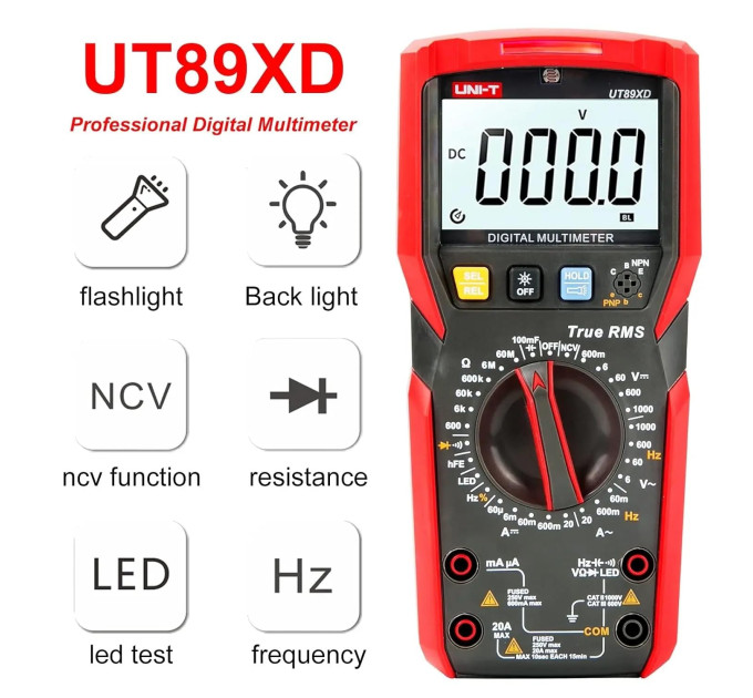 Мультиметр UNI-T UT89XD Цифровой мультитестер; Напряжение DC/AC; Ток DC/AC; R; C; Прозвонка цепи; тест Диодов-транзисторов, NCV, Live, частота, емкость (19824)