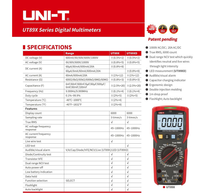 Мультиметр UNI-T UT89XD Цифровой мультитестер; Напряжение DC/AC; Ток DC/AC; R; C; Прозвонка цепи; тест Диодов-транзисторов, NCV, Live, частота, емкость (19824)